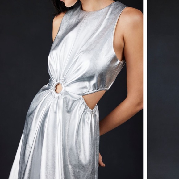 JULES KAE BOLD SHINY SILVER MIDI DRESS W/O-RING FRONT DETAIL AND SIDE CUTOUTS S - Picture 9 of 9